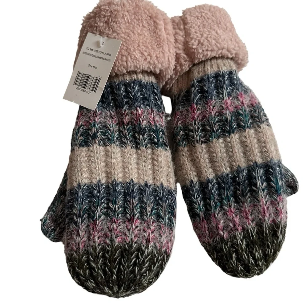 Chunky Knit Stripe Mittens with Pink Sherpa Cuffs, NWT